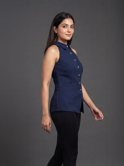 Navy Blue Halter Neck Button-Down Top