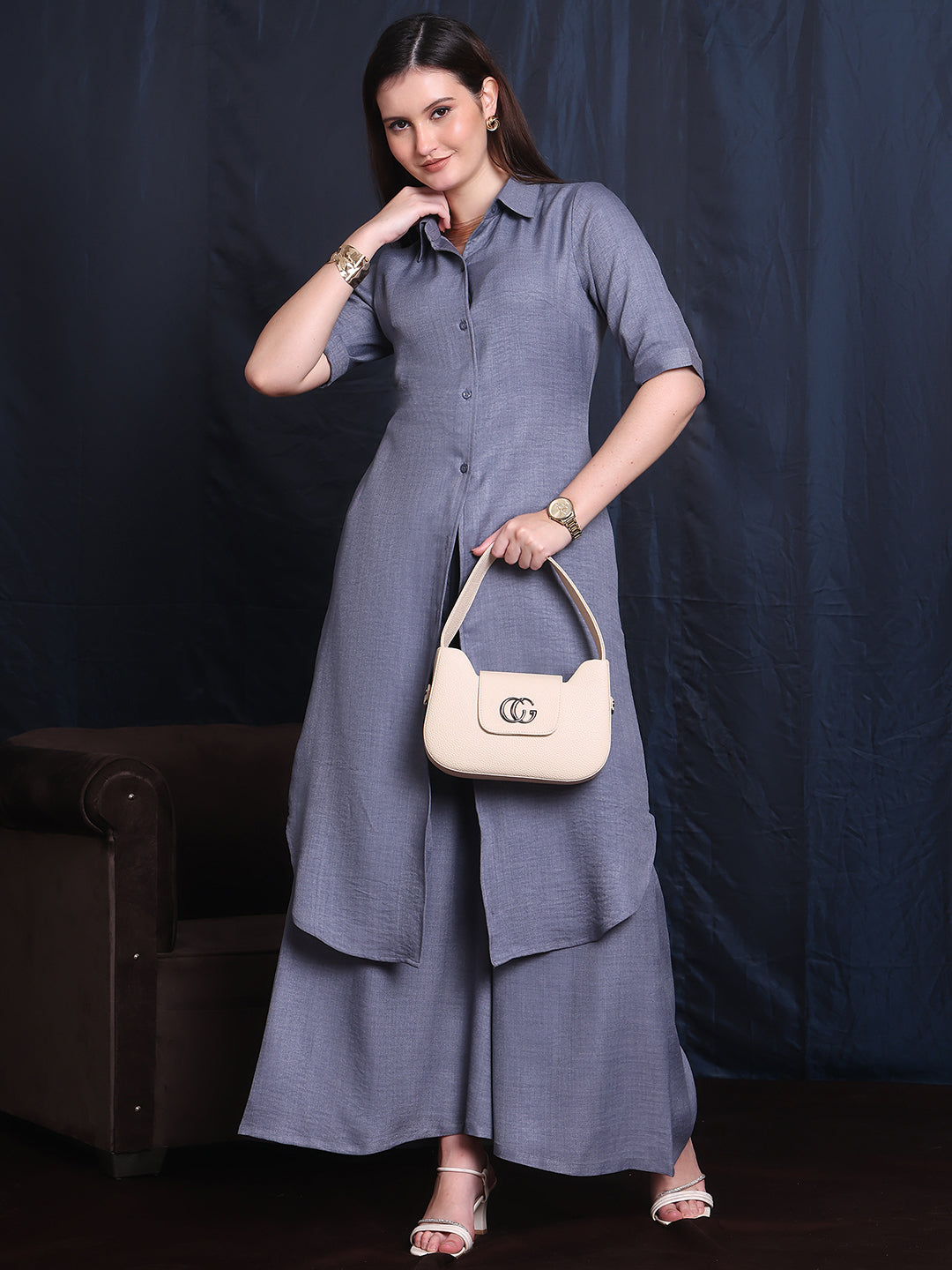 Exude Brave Heart Linen Wide Leg and Collar Top Set