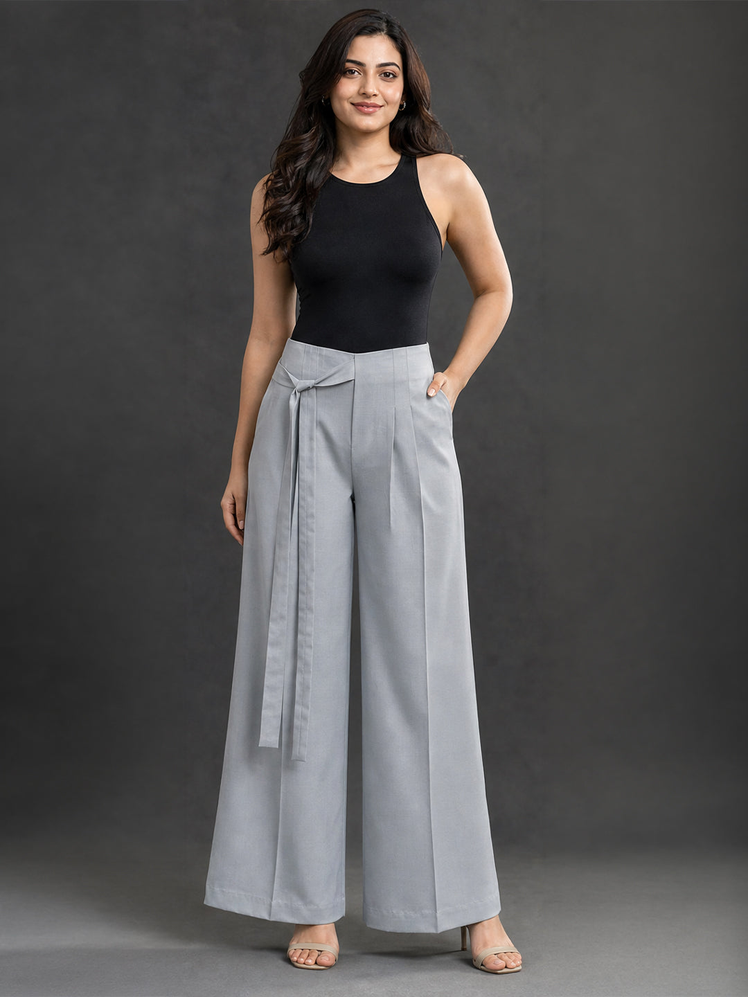 Grey High-Waist Wide Leg Trousers with Tie Belt