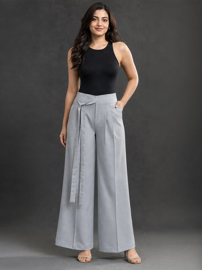 Grey High-Waist Wide Leg Trousers with Tie Belt