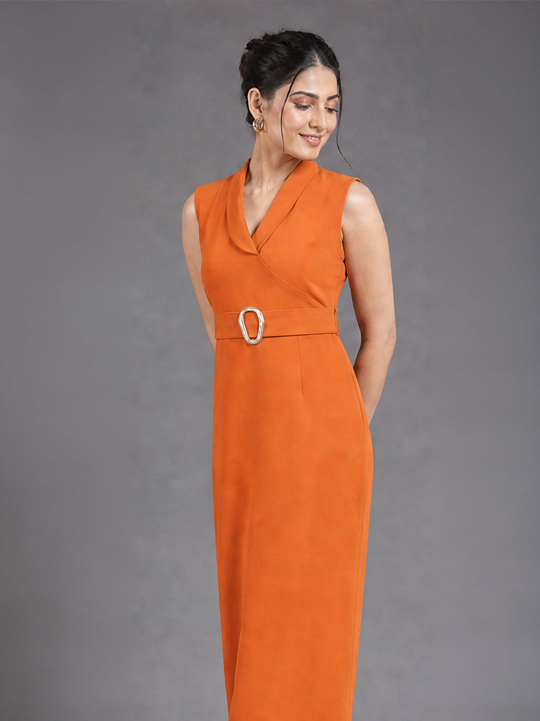 Rust Orange Belted Midi Sheath Dress with Lapel Neckline