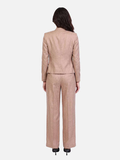 Exude Power Mandarin Collar Linen Blazer with Straight Fit Trousers (Beige)