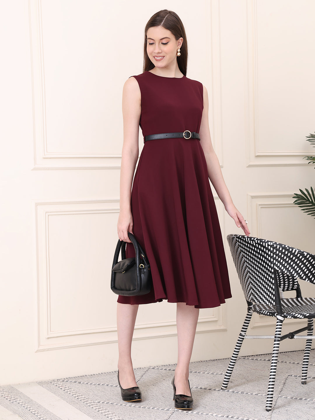 Exude Warmth Fit & Flare Dress with Belt (Wine) Exude Warmth Fit & Flare Dress with Belt (Wine)
