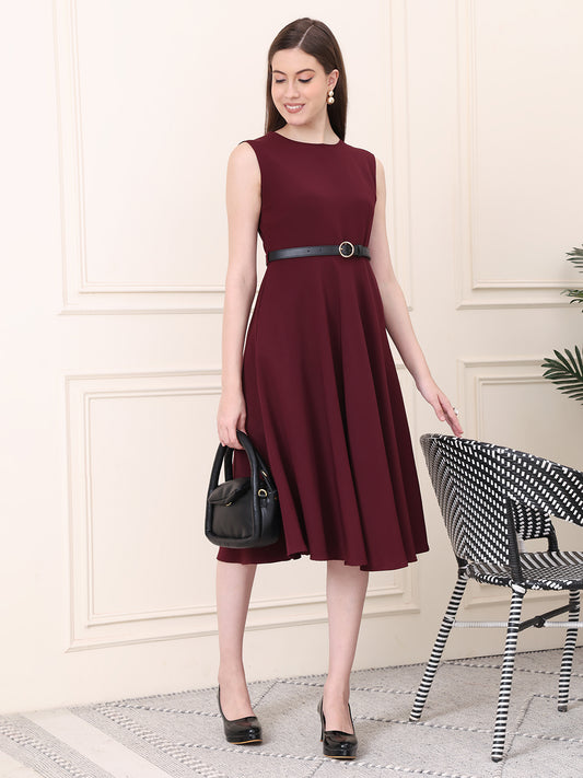 Exude Warmth Fit & Flare Dress with Belt Wine Dresses