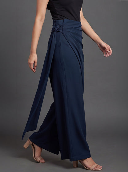 Navy Blue Draped Wrap Wide Leg Trousers with Tie Detail