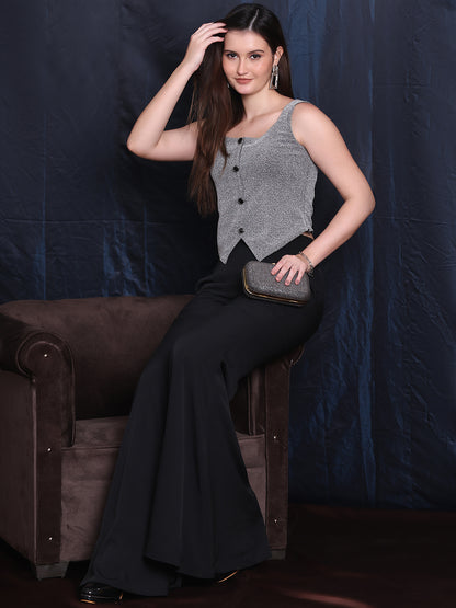 Exude Starlit Elegance 2 Piece Co-ord Set, Silver Waistcoat and Black Chiffon Trouser