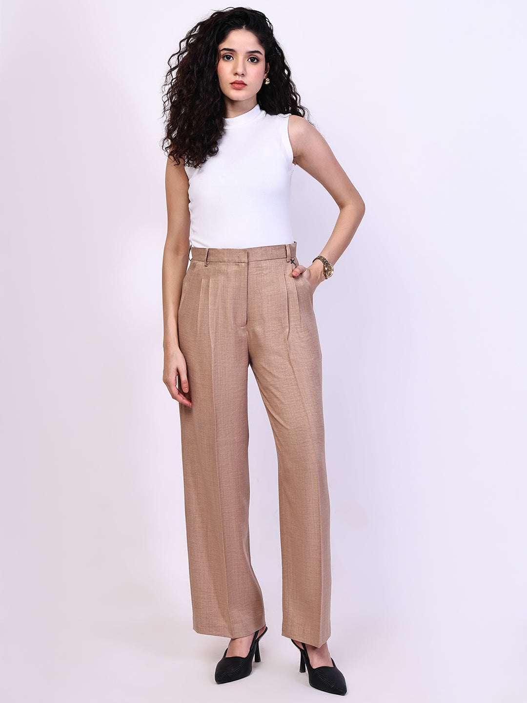 Exude Timeless Threads Straight Fit Trousers with Pockets Beige Trousers
