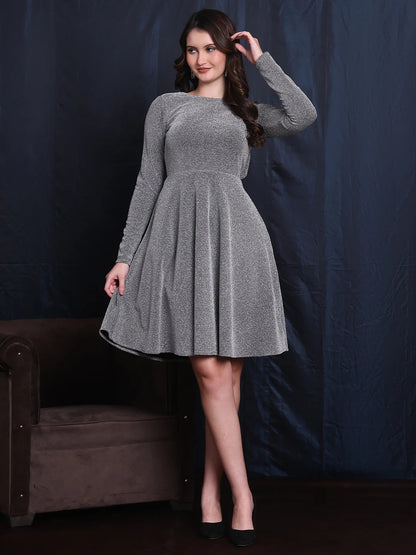 Exude Gilded Dreams Silver Glitter Backless A-line Dress, Padded comfort Silver Matte 