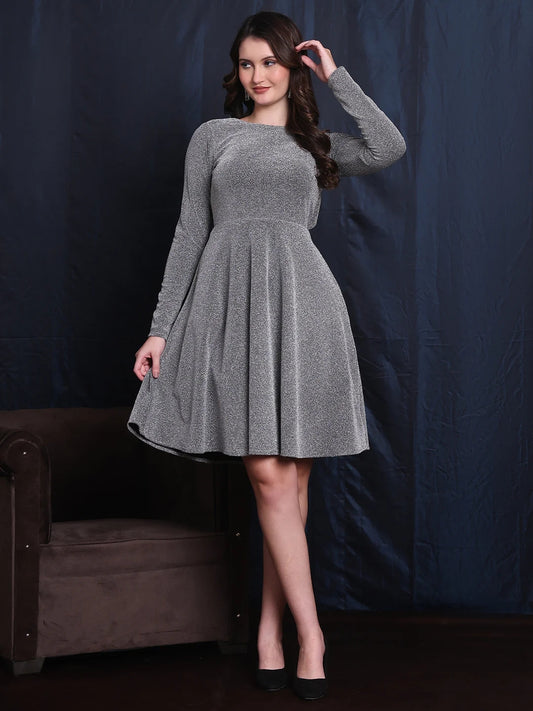 Exude Gilded Dreams Silver Glitter Backless A-line Dress, Padded comfort (Silver Matte)