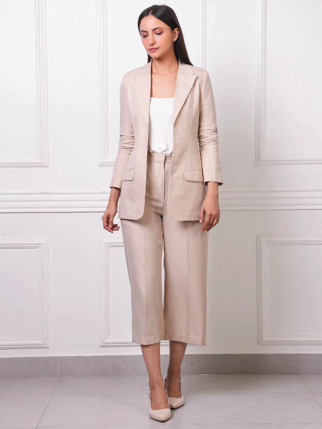 Beige Linen Blend Open Front Blazer