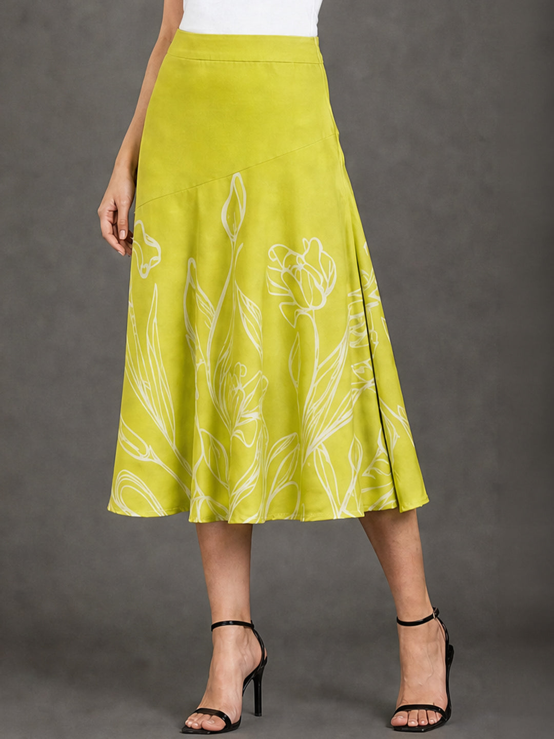 Lime Green Floral Line Art A-Line Midi Skirt