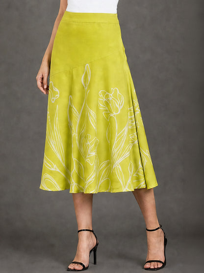 Lime Green Floral Line Art A-Line Midi Skirt