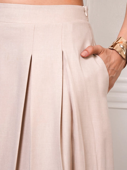 Beige Linen Pleated A-Line Maxi Skirt