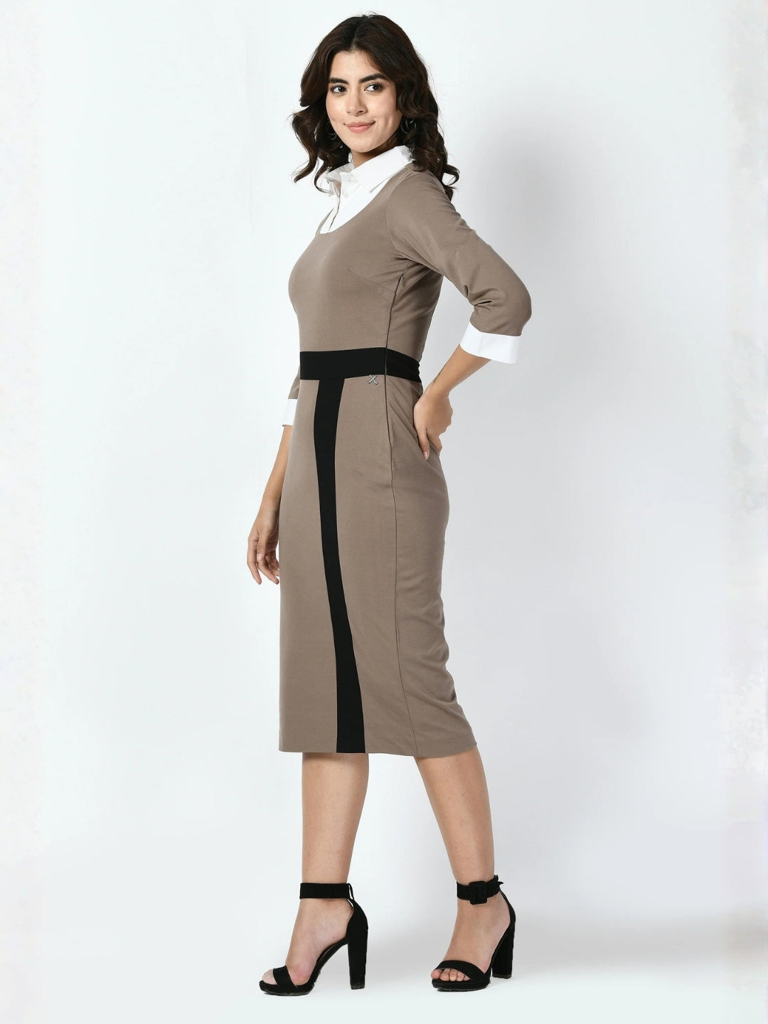 Exude Paramount Shirt Colour blocked Sheath Dress Camel Beige Dresses