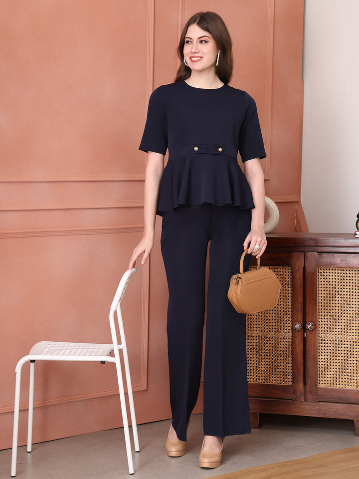 Exude Rise & Roar A-Line op with Waist Detail, Paired With Matching Bootcut Trouser Navy Co-ord Sets