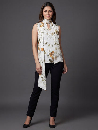 Ivory Floral Print Sleeveless Top with Attached Scarf