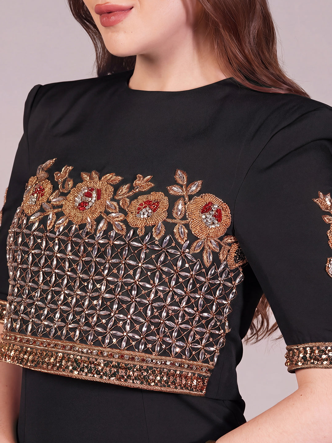 Crimson Luxe Embroidered Dress (Black)