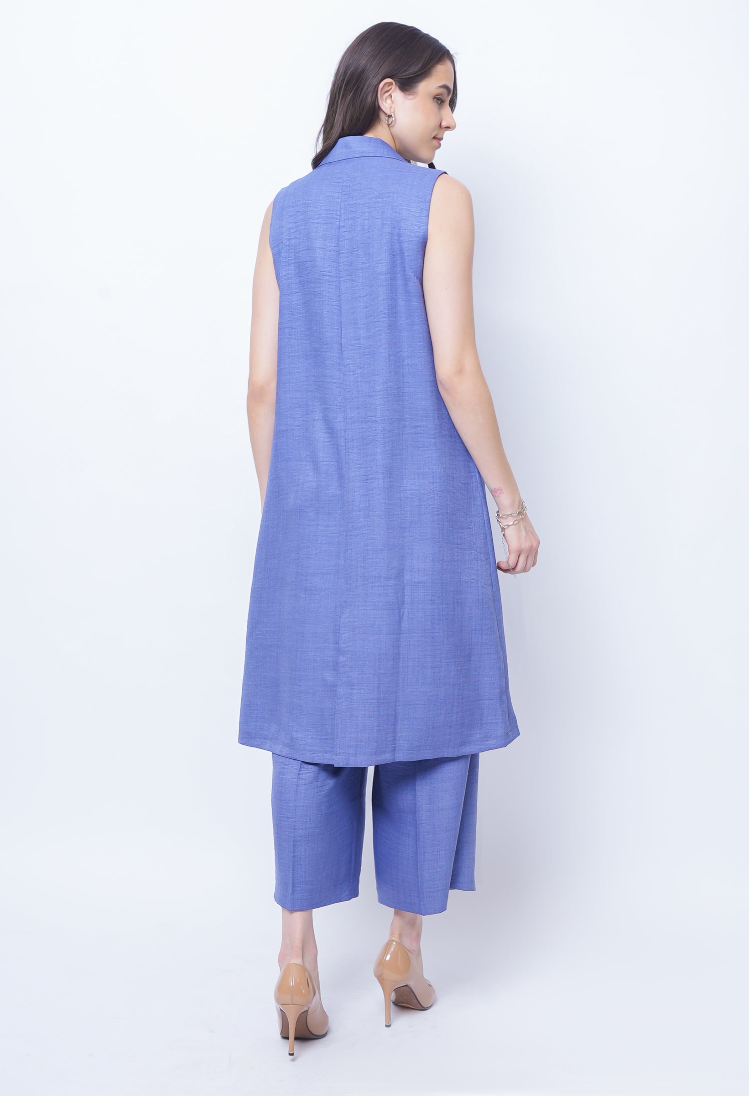 Exude Lustrous Long Jacket , Top with Wide Leg Trouser (Twill Blue )