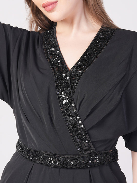 Midnight Black Embellished Wrap Jumpsuit