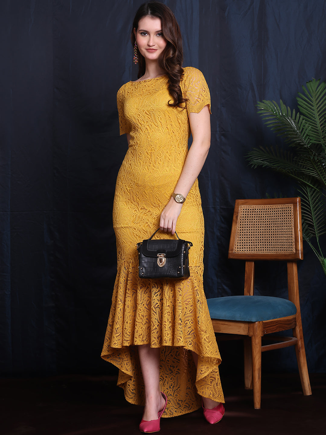 Exude Moonlit Luxe High Low Lace Dress With Short Sleeve