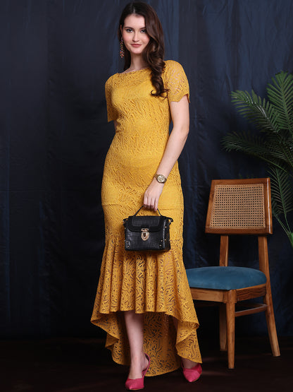Exude Moonlit Luxe High Low Lace Dress With Short Sleeve