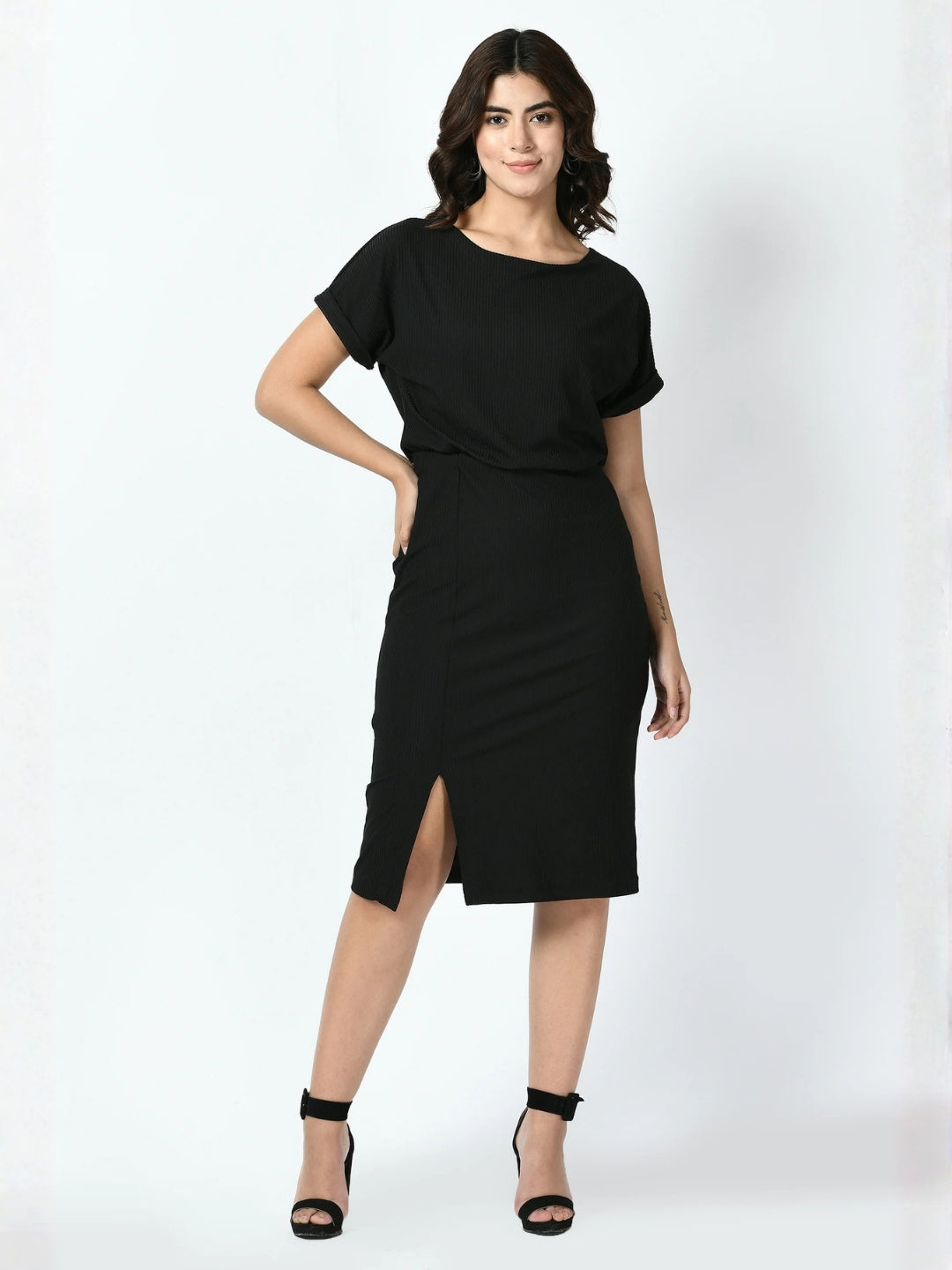 Exude Enigma Ribbed Blouson Dress Black Dresses