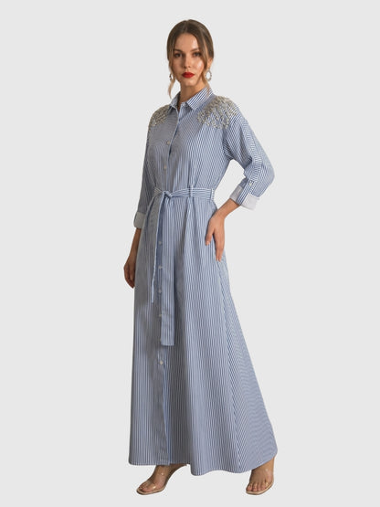 Exude Riviera Embellished Stripe Shirt Maxi Dress