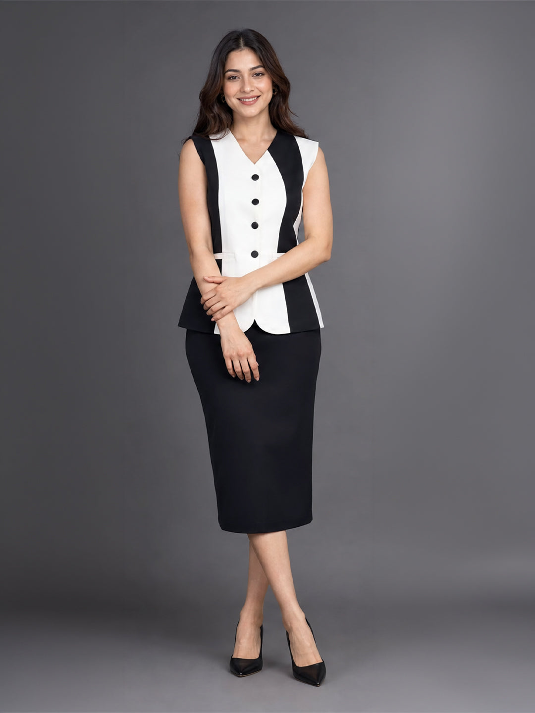 Black &amp; White Colour blocked Button-Down Waistcoat Top