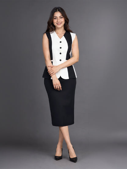 Black &amp; White Colour blocked Button-Down Waistcoat Top