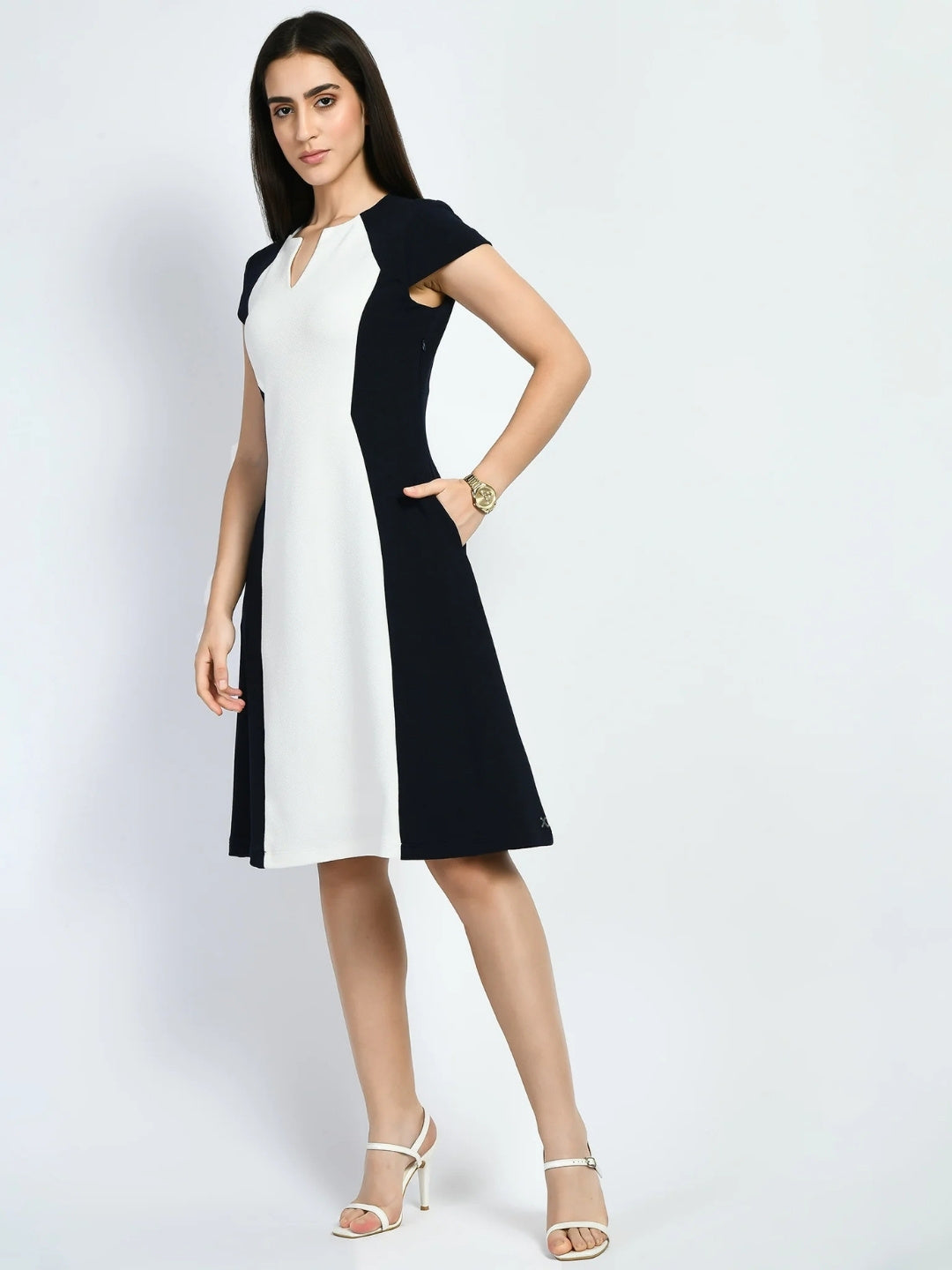 Exude Awe Colour-blocked Sculpt A-line Dress Navy Dresses