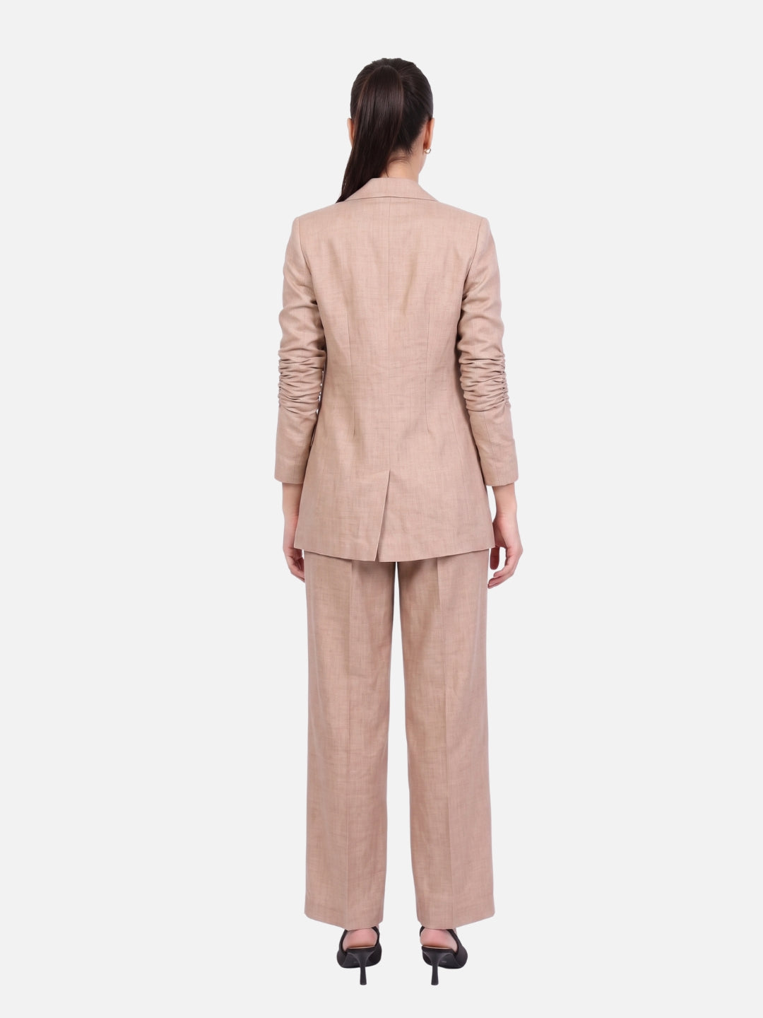 Beige Linen Blend Open Front Blazer