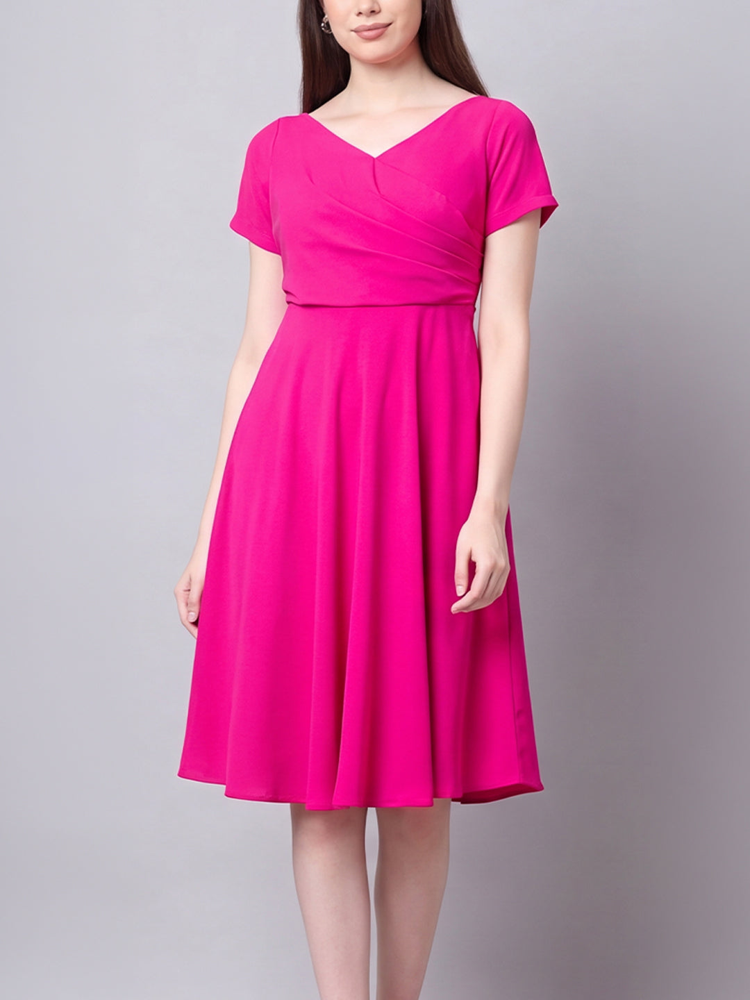 Exude Intrepid V-Neck Front Pleat Dress with Pockets (Fuchsia)