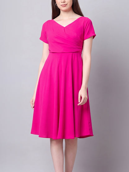 Exude Intrepid V-Neck Front Pleat Dress with Pockets (Fuchsia)