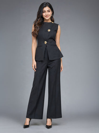 Black Sleeveless Asymmetric Waistcoat Top with Gold Button Detail