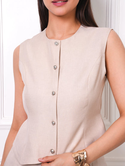 Beige Linen Pearl Button Waistcoat Vest