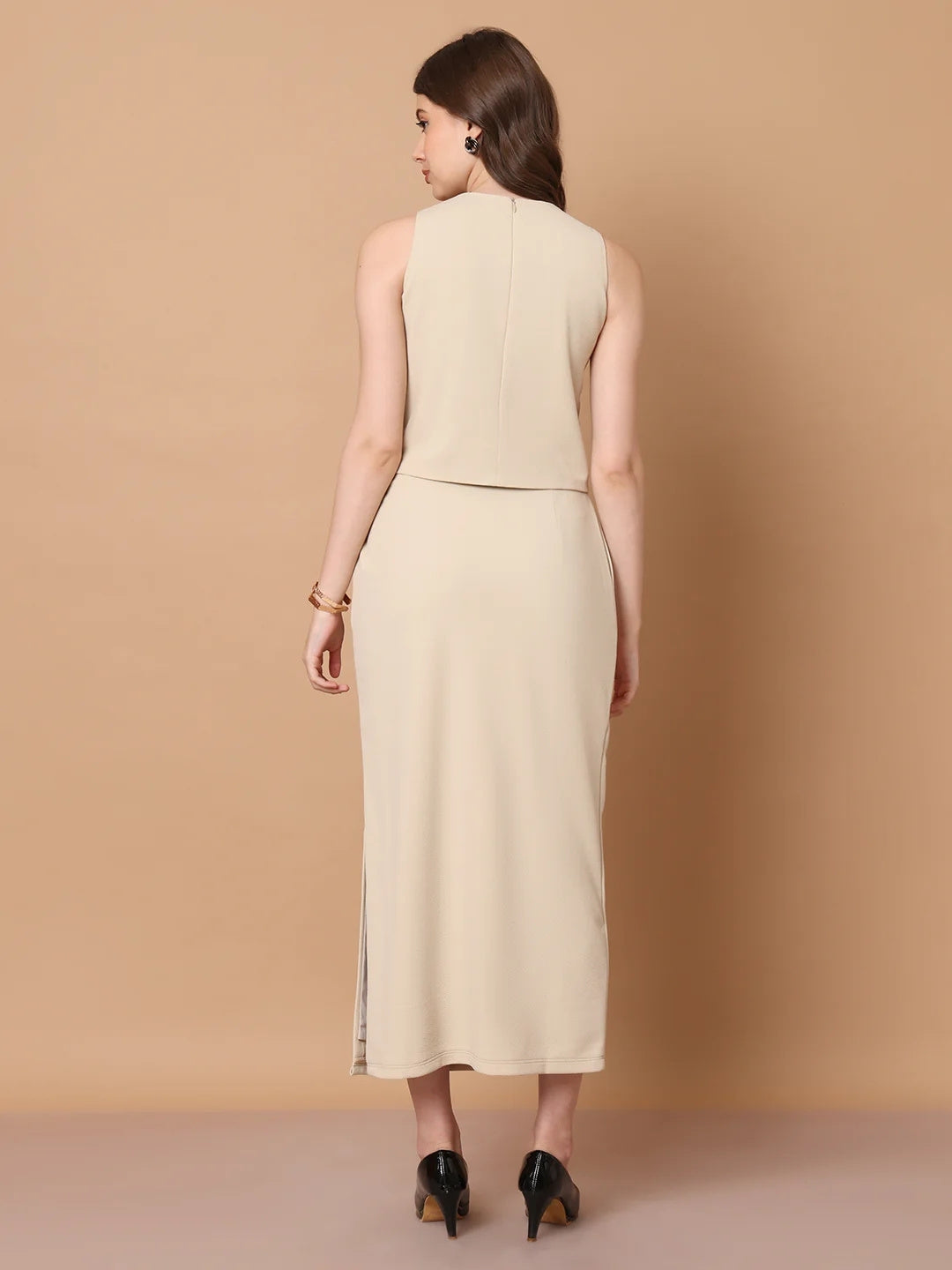 Exude Runway-Ready Long Skirt with Halter Top Beige Co-ord Sets