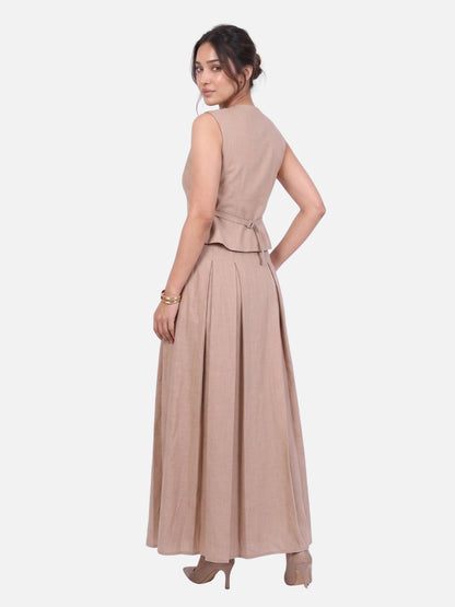 Beige Linen Pearl Button Vest &amp; Pleated Maxi Skirt Co-ord Set