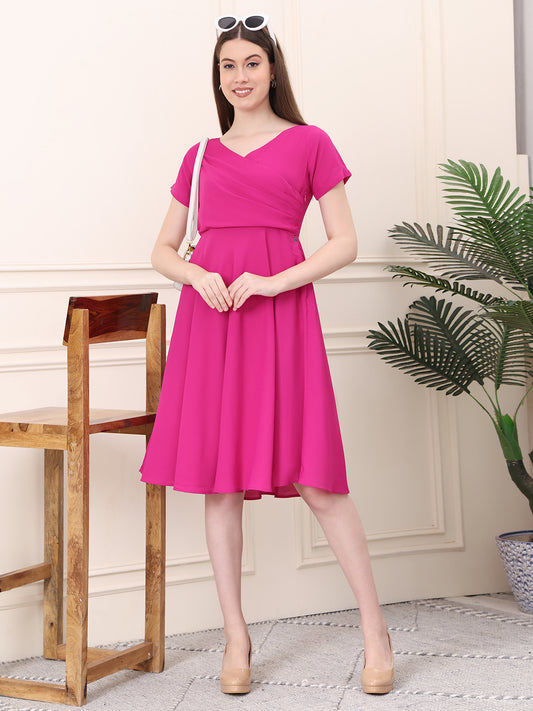 Exude Intrepid V-Neck Front Pleat Dress with Pockets (Fuchsia)
