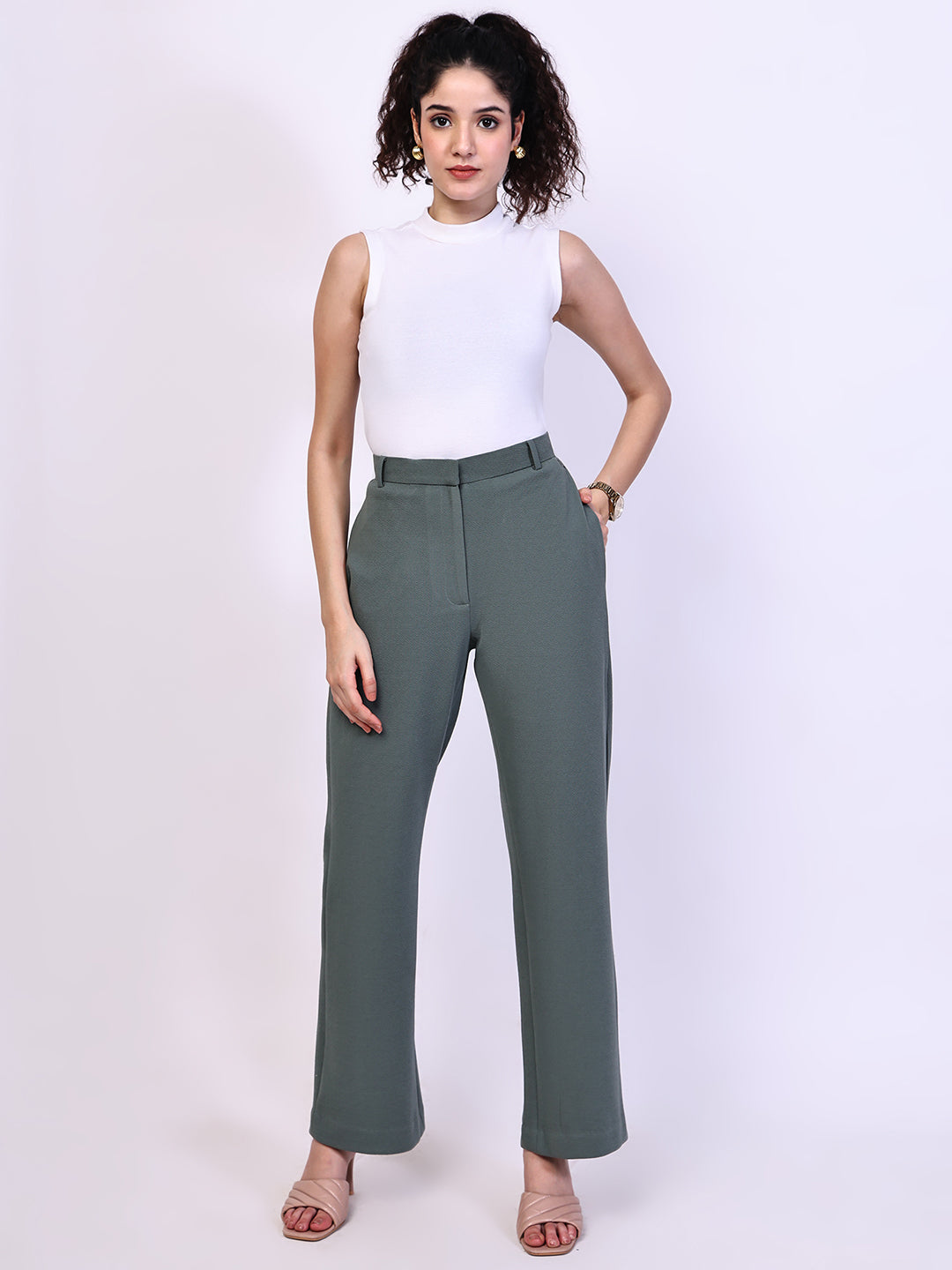 Exude Timeless Threads Straight Fit Trousers with Pockets Pista Green Trousers