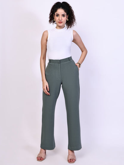 Exude Timeless Threads Straight Fit Trousers with Pockets Pista Green Trousers