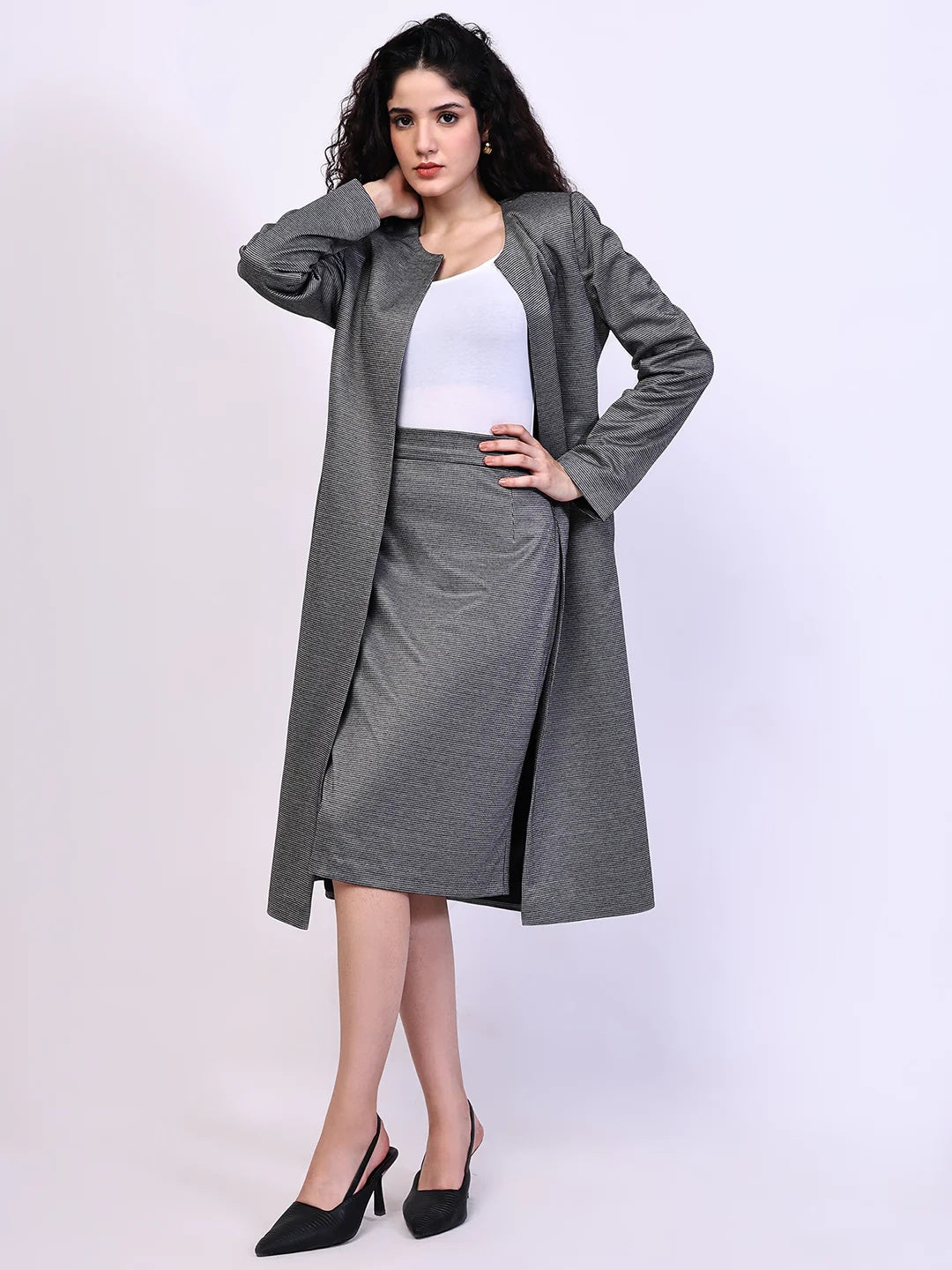Exude Crowned Confidence Long Blazer and Midi A-line Skirt Black-White Co-ord Sets