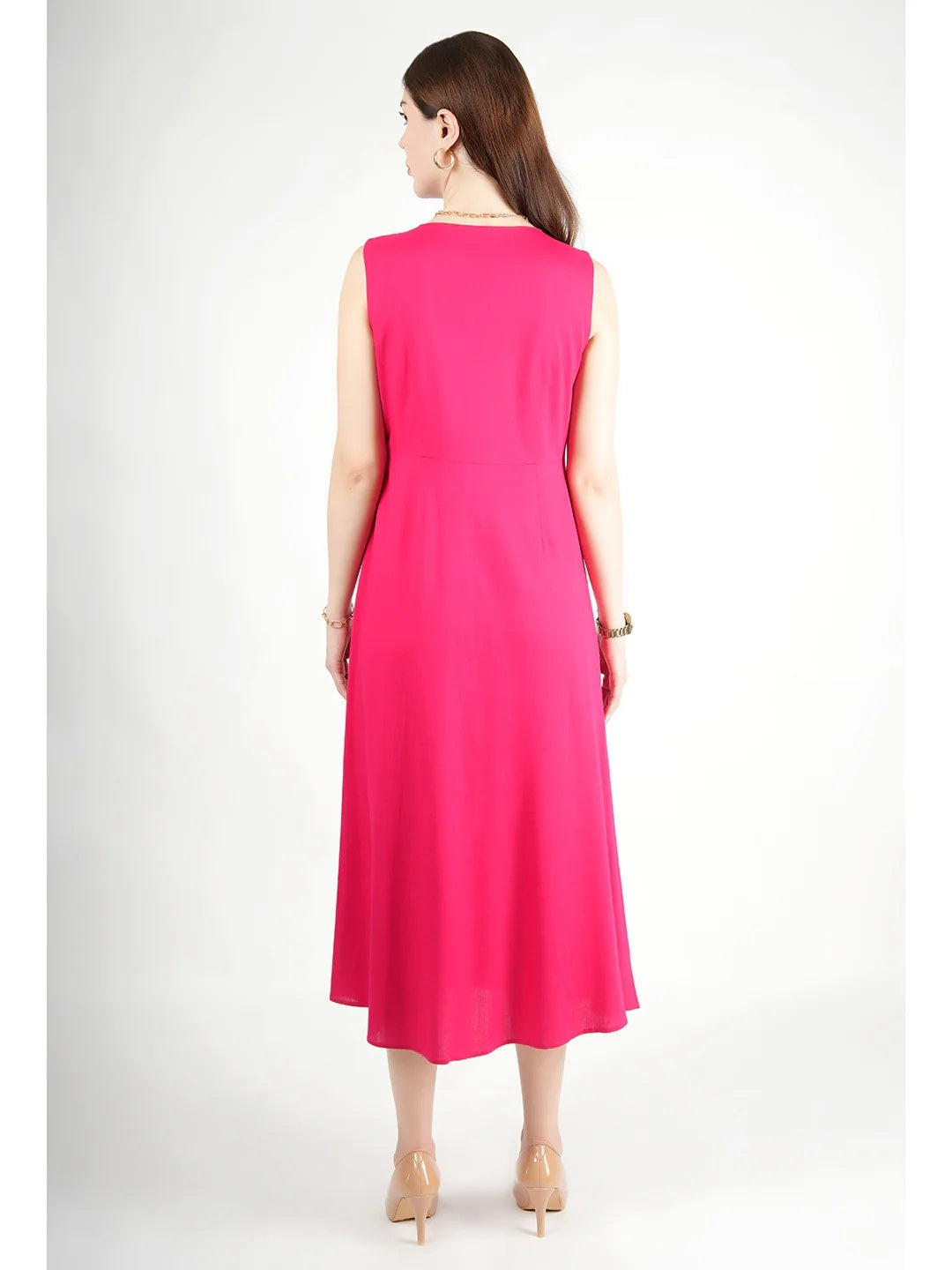 Exude Glowing Front Button Dress With Pockets Fuscia Dresses