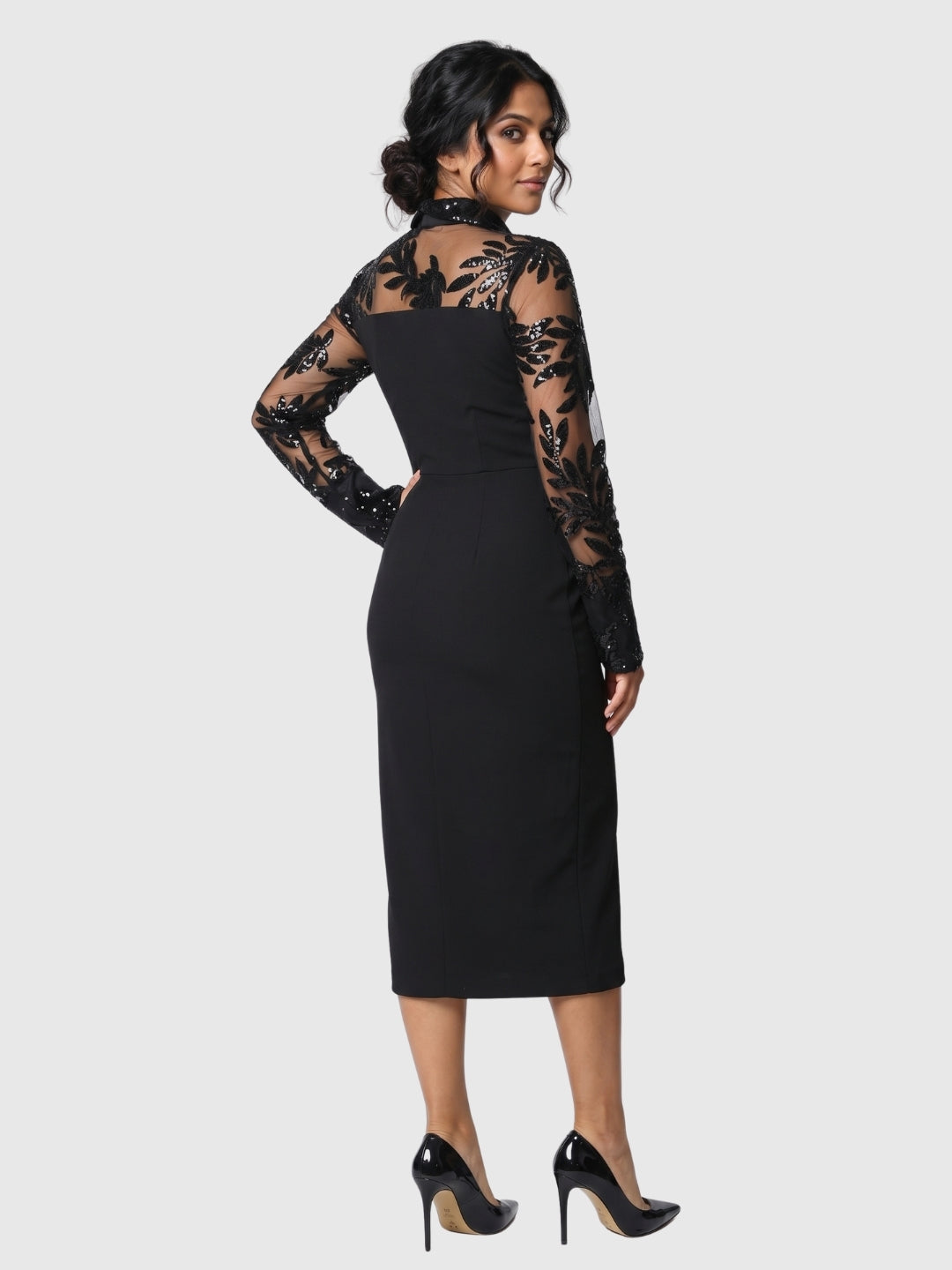 Exude Marina Noir Sequin Sheer-Sleeve Dress