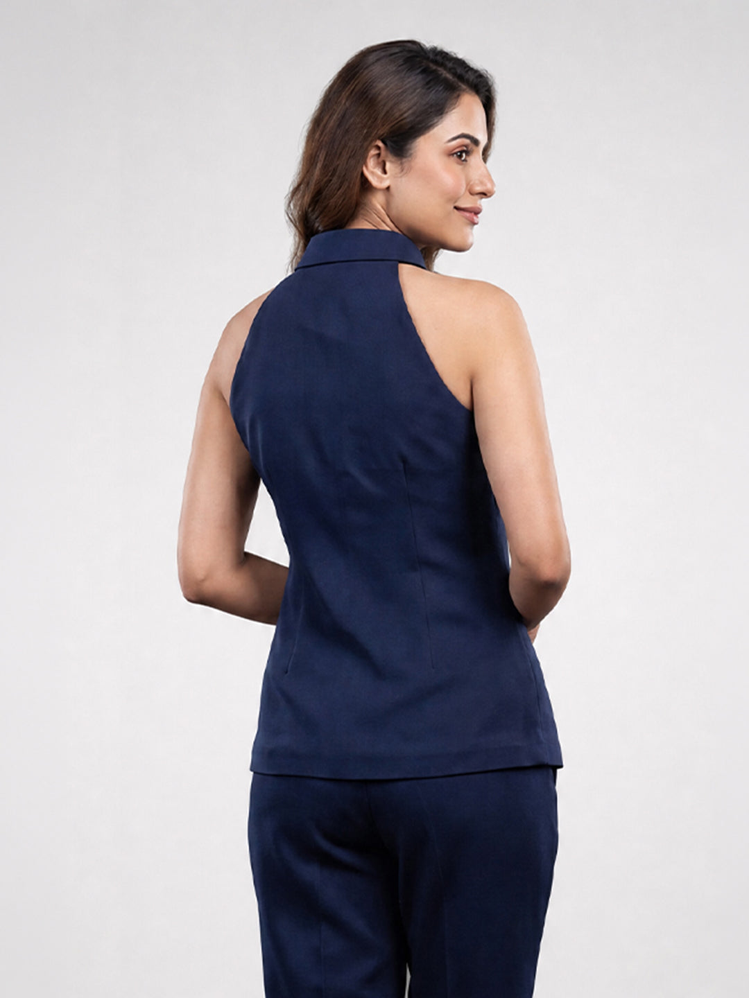 Navy Blue Halter Neck Button-Down Top