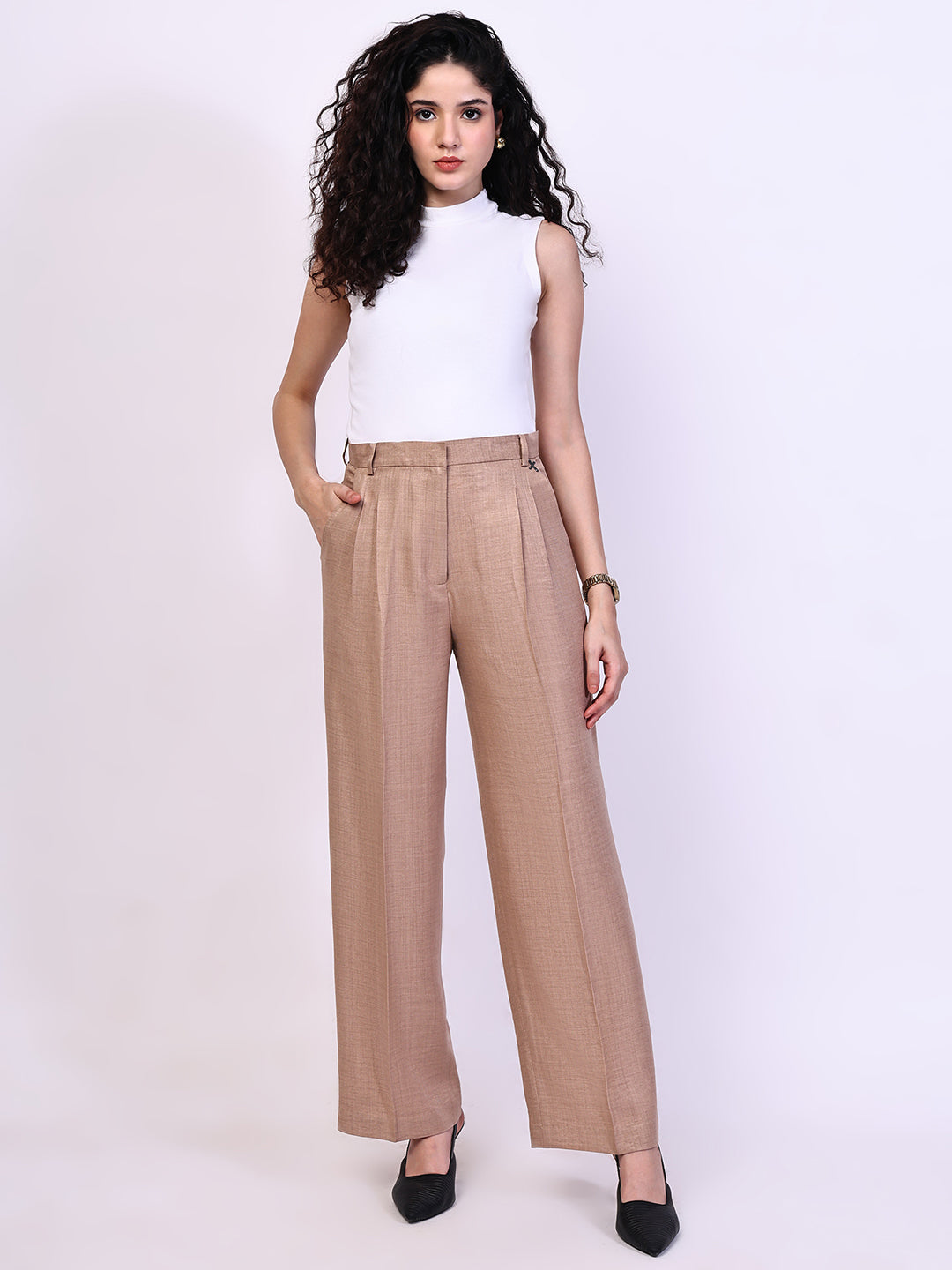 Exude Power Mandarin Collar Linen Blazer with Straight Fit Trousers (Beige)