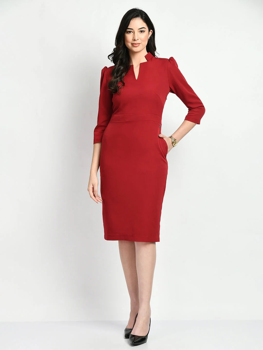 Exude Grace Puff Sleeves Sheath Dress Red Dresses