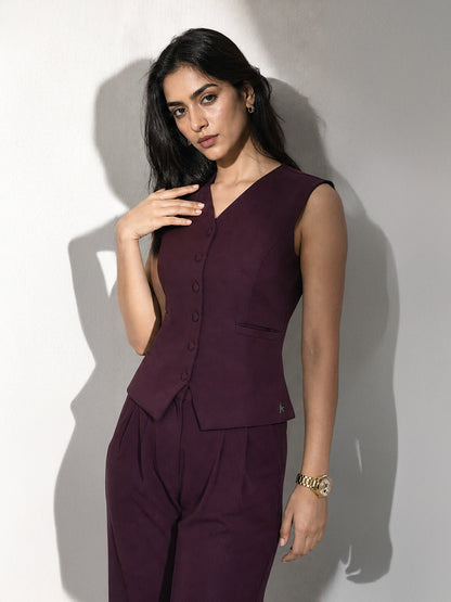 Exude Elusiveness Solid Wide Leg Trousers With Waist-Coat Top Co-ord (Wine)