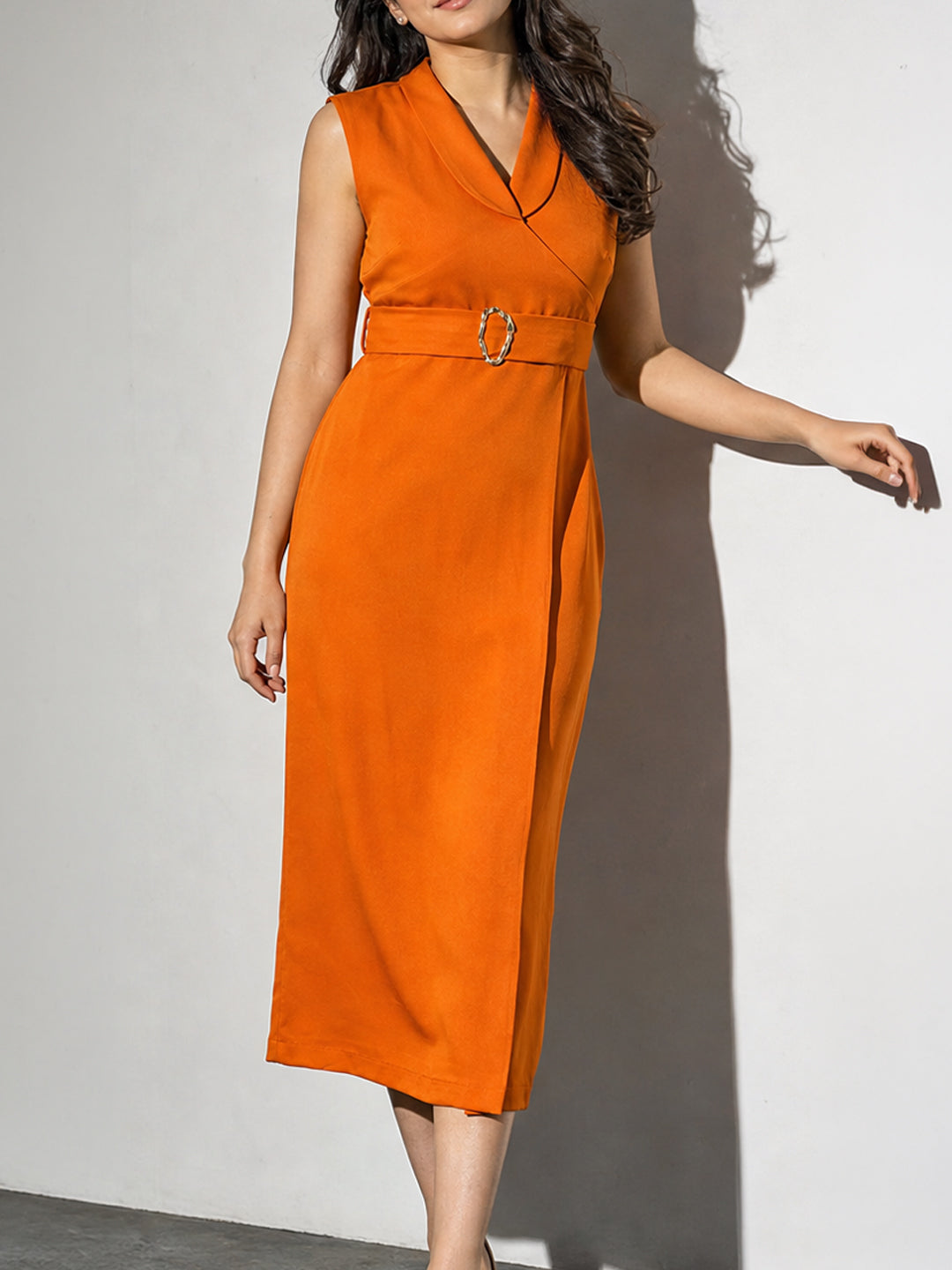 Rust Orange Belted Midi Sheath Dress with Lapel Neckline