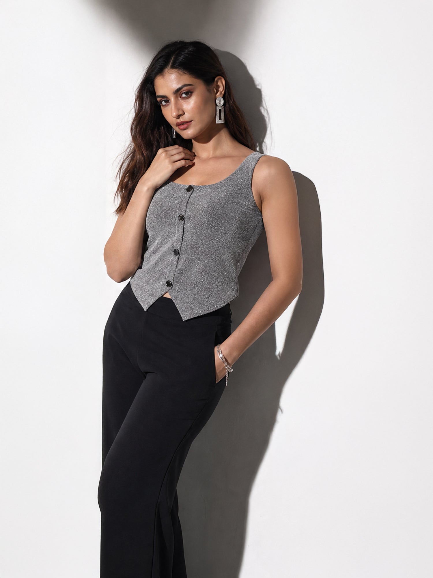 Exude Starlit Elegance 2 Piece Co-ord Set, Silver Waistcoat and Black Chiffon Trouser