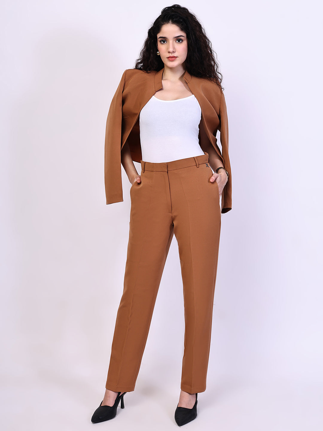 Exude Timeless Threads Straight Fit Trousers with Pockets (Tan Brown)